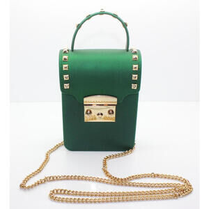 Crossbody Green Jelly Bag With Removable Gold Chain And Stud Accents
